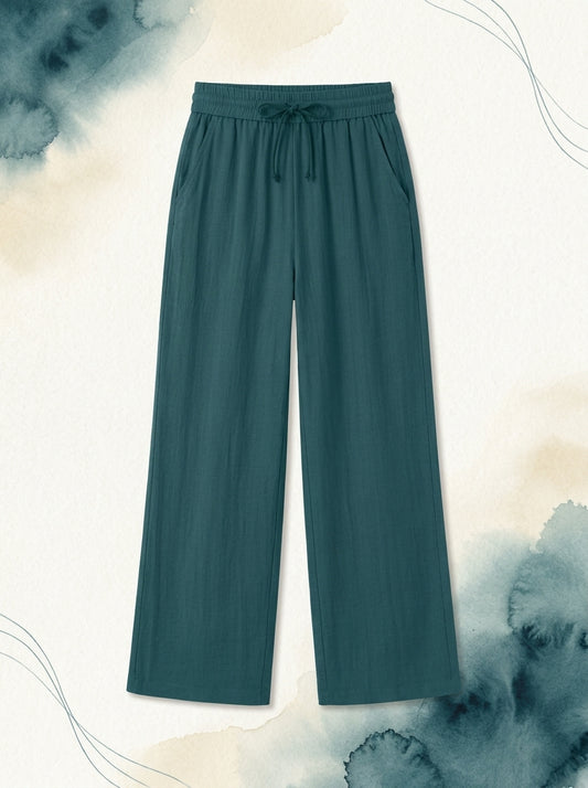 Linen-Feel Wide-Leg Drawstring Pants in Atlantic Deep