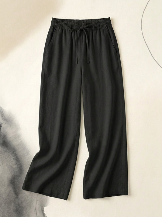Linen-Feel Wide-Leg Drawstring Pants in Black