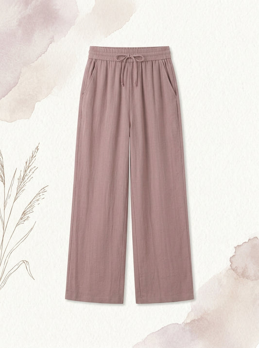 Linen-Feel Wide-Leg Drawstring Pants in Deauville Mauve
