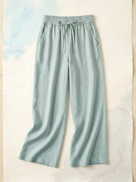 Linen-Feel Wide-Leg Drawstring Pants in Ether