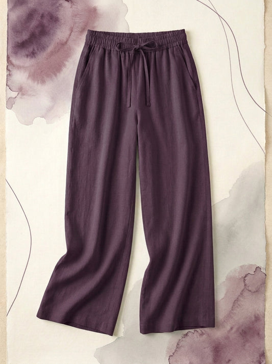Linen-Feel Wide-Leg Drawstring Pants in Italian Plum