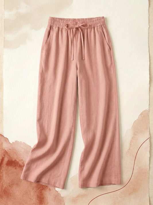 Linen-Feel Wide-Leg Drawstring Pants in Mineral Red