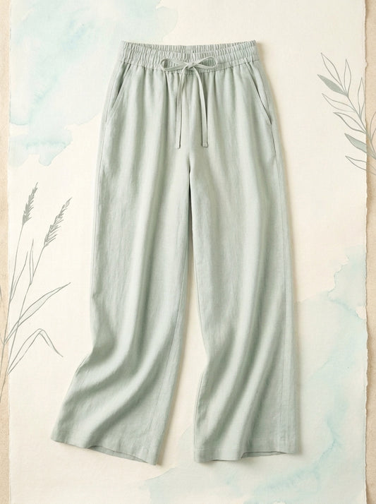 Linen-Feel Wide-Leg Drawstring Pants in Pale Aqua