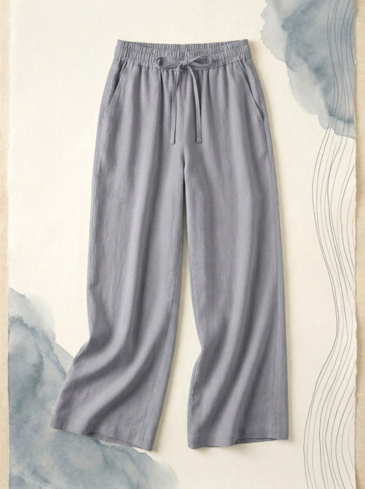 Linen-Feel Wide-Leg Drawstring Pants in Steel Gray