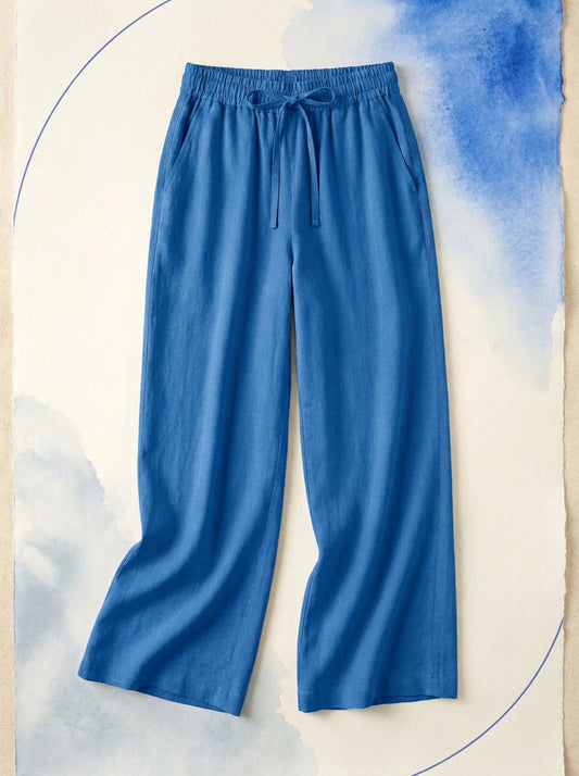 Linen-Feel Wide-Leg Drawstring Pants in Strong Blue