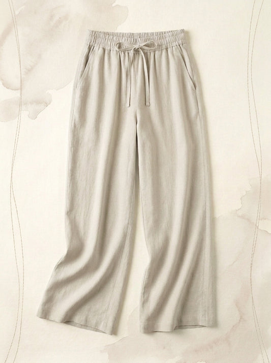 Linen-Feel Wide-Leg Drawstring Pants in Whisper White