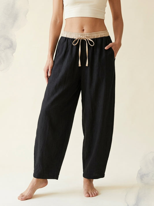 Cotton-Linen Drawstring Pants with Pockets in Black