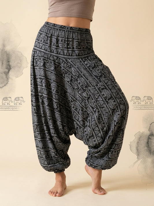 Elephant Print Harem Pants in Black