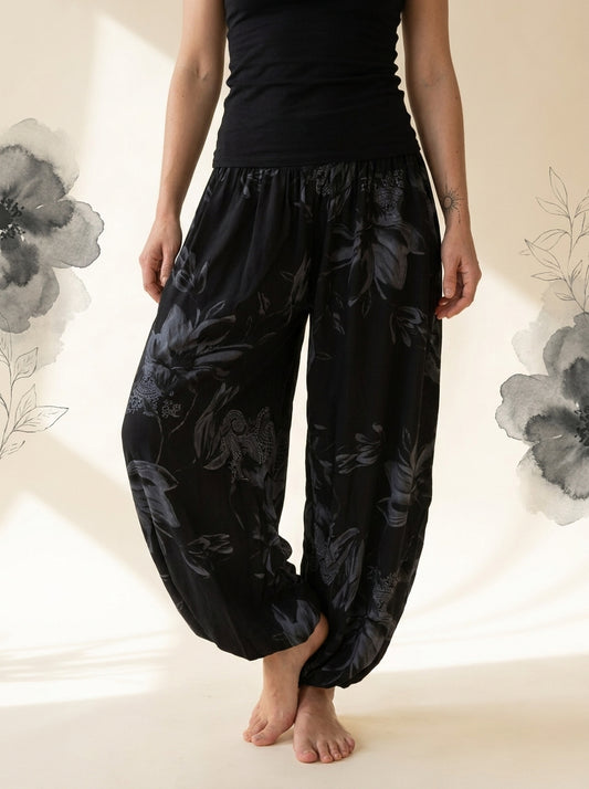 Floral Fold-Over Waist Harem Pants in Black