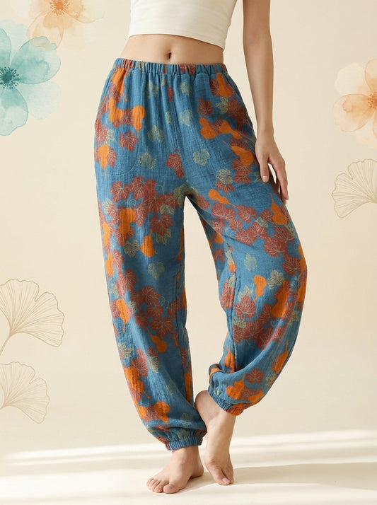 Cotton Gauze Leaf Pants in Blue Ginkgo