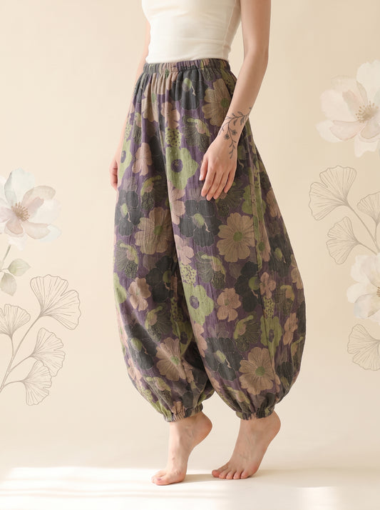 Cotton Gauze Leaf Pants in Charcoal Bloom