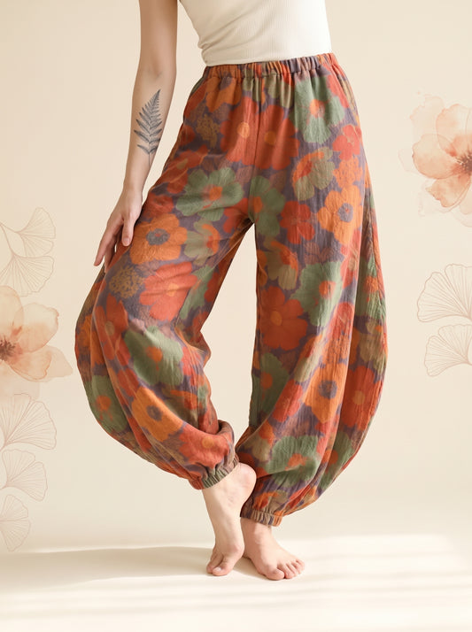 Cotton Gauze Leaf Pants in Rust Bloom