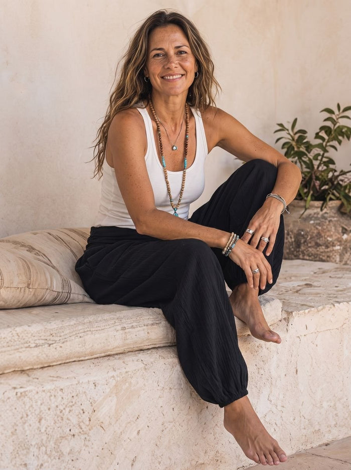 Plain black harem pants worn