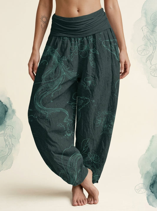 Koi Floral Cotton Harem Pants in Dark Cyan