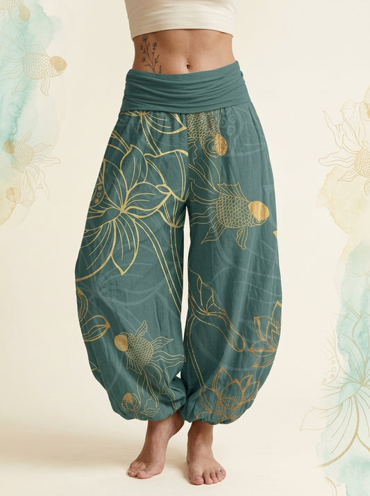 Koi & Lotus Cotton Harem Pants in Dark Cyan