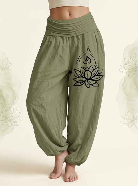 Lotus & Om Cotton Harem Pants in Olive Drab
