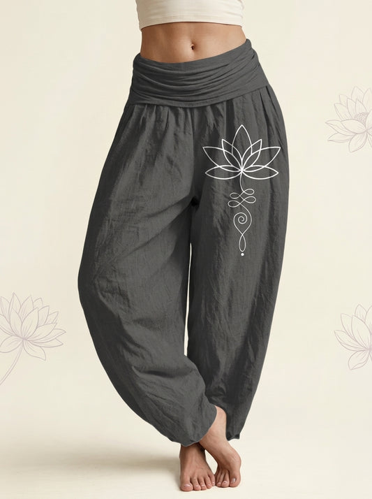 Lotus Unalome Cotton Harem Pants in Dim Gray
