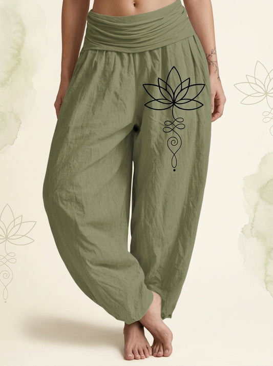 Lotus Unalome Cotton Harem Pants in Olive Drab