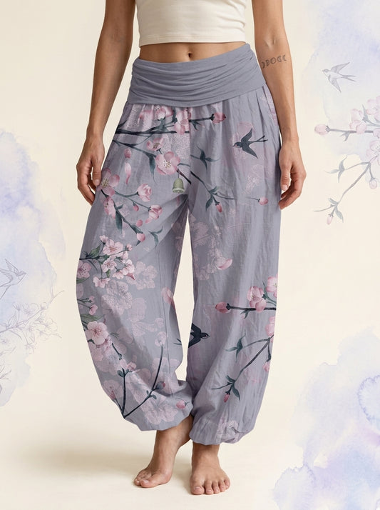 Peach Blossom Cotton Harem Pants in Cornflower Blue