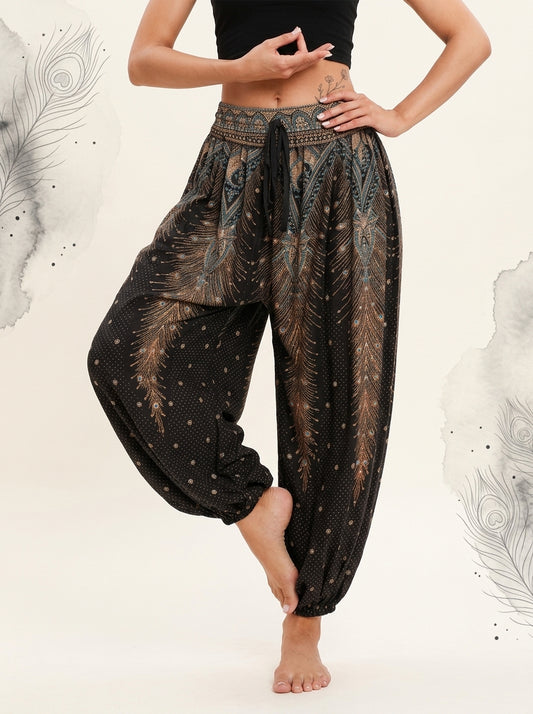 Thai Print Harem Pants in Black Gold