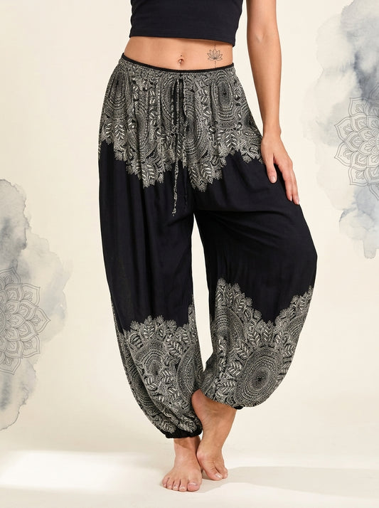 Thai Print Harem Pants in Black Lace