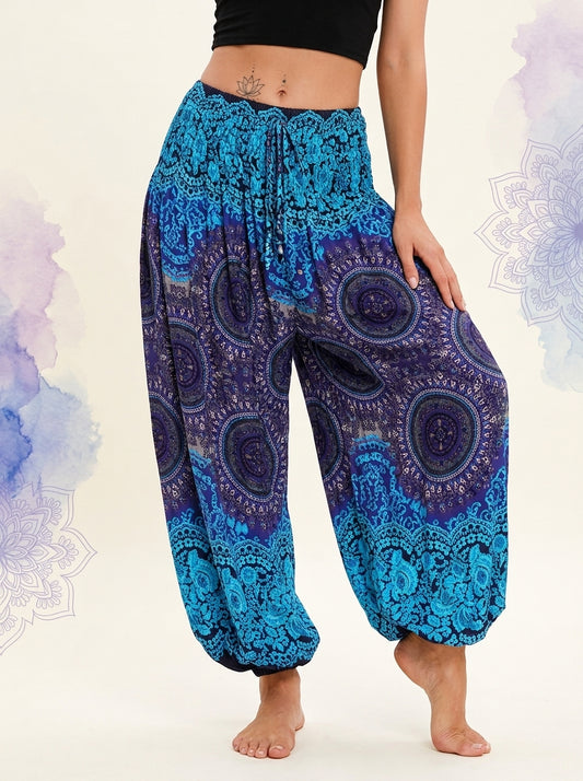 Thai Print Harem Pants in Blue Indigo