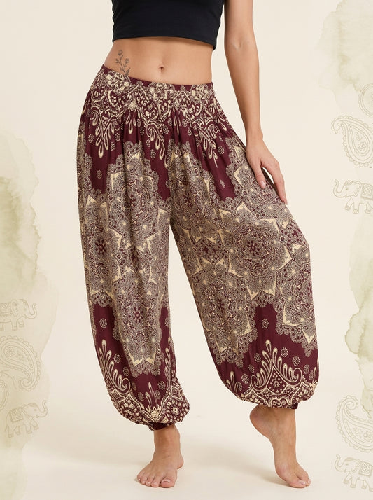Thai Print Harem Pants in Burgundy Paisley