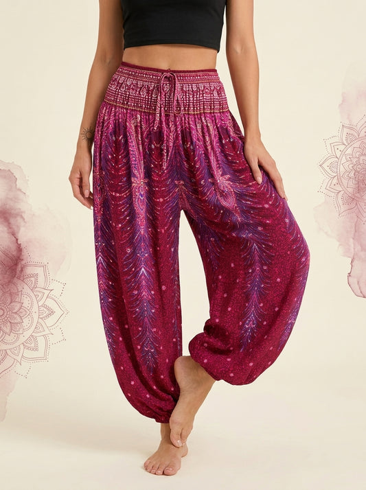 Thai Print Harem Pants in Fuchsia