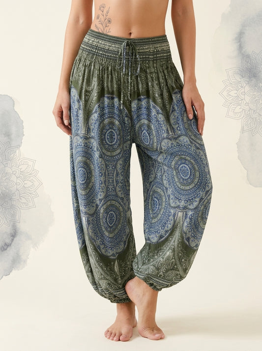Thai Print Harem Pants in Olive Blue