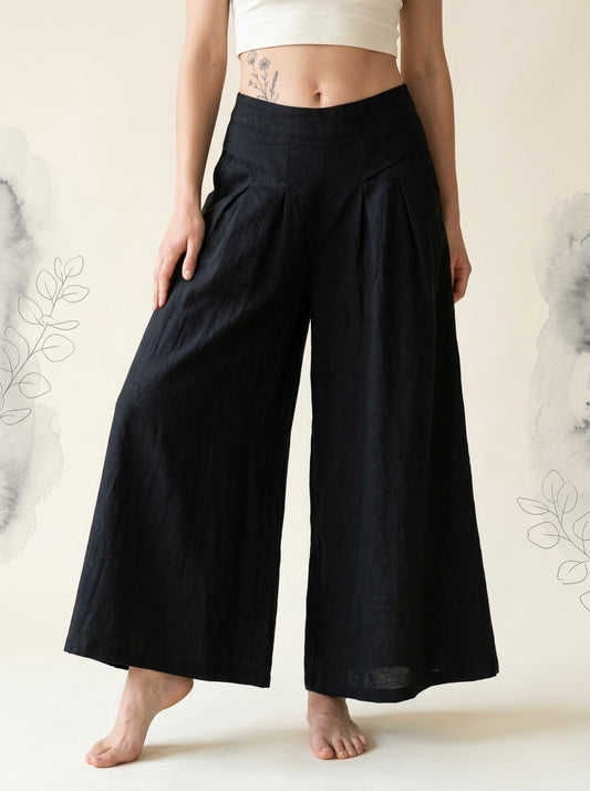 Cotton-Linen Wide-Leg Pants with Pockets in Black