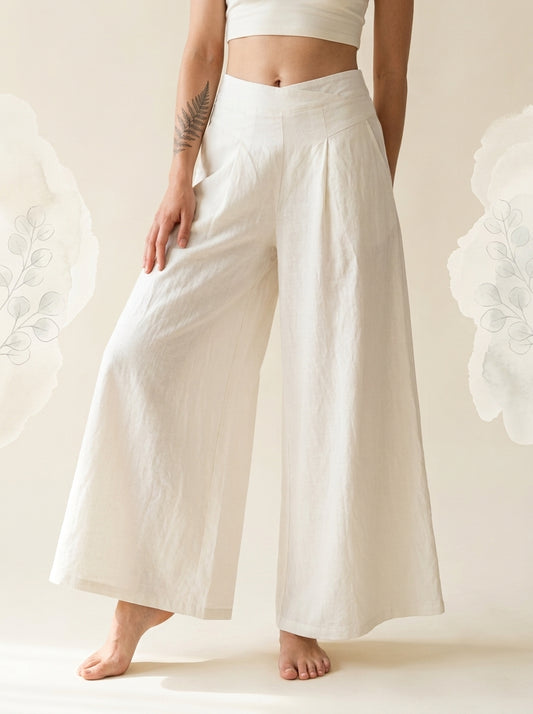 Cotton-Linen Wide-Leg Pants with Pockets in White