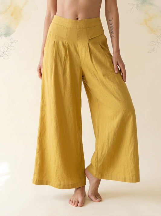 Cotton-Linen Wide-Leg Pants with Pockets in Yellow
