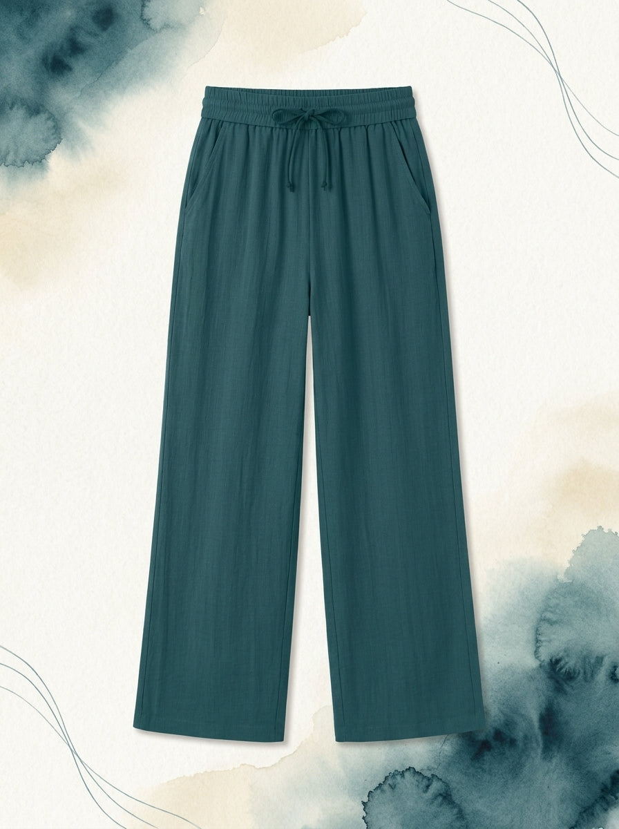 Linen-Feel Wide-Leg Drawstring Pants in Atlantic Deep, flat lay