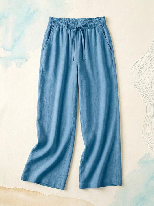 Linen-Feel Wide-Leg Drawstring Pants in Azure Blue