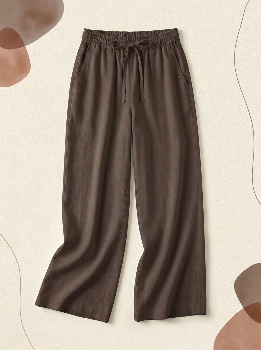 Linen-Feel Wide-Leg Drawstring Pants in Chocolate Martini, flat lay