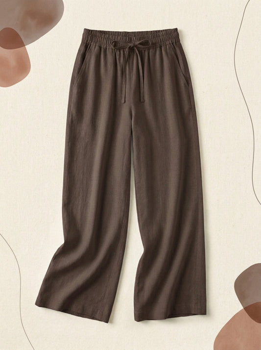 Linen-Feel Wide-Leg Drawstring Pants in Chocolate Martini