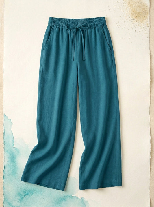 Linen-Feel Wide-Leg Drawstring Pants in Crystal Teal