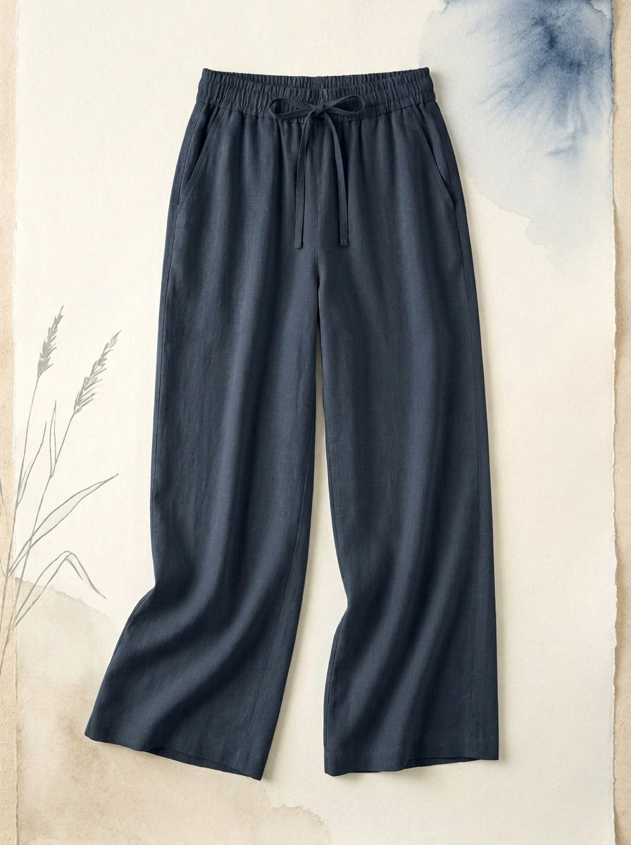 Linen-Feel Wide-Leg Drawstring Pants in Dark Blue, flat lay