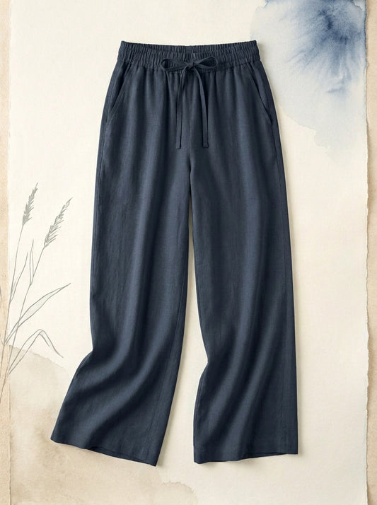 Linen-Feel Wide-Leg Drawstring Pants in Dark Blue