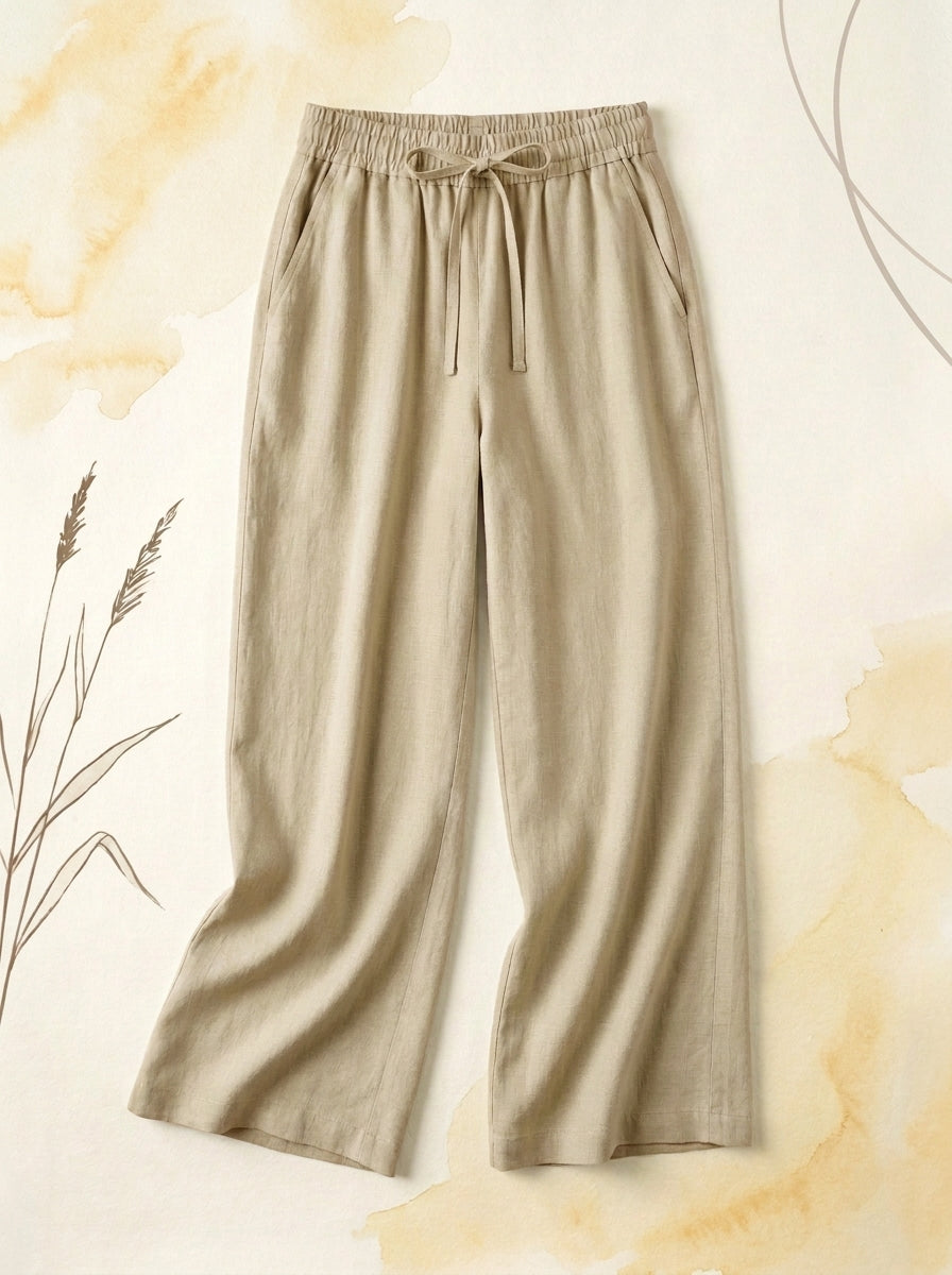 Linen-Feel Wide-Leg Drawstring Pants in Fields of Rye, flat lay