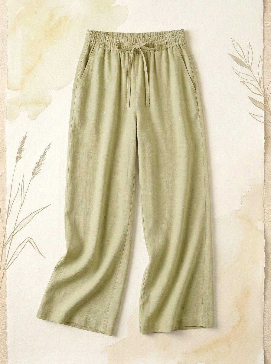 Linen-Feel Wide-Leg Drawstring Pants in Golden Mist, flat lay
