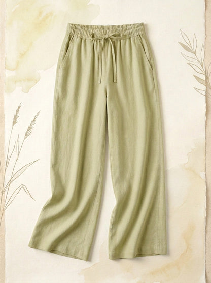 Linen-Feel Wide-Leg Drawstring Pants in Golden Mist, flat lay