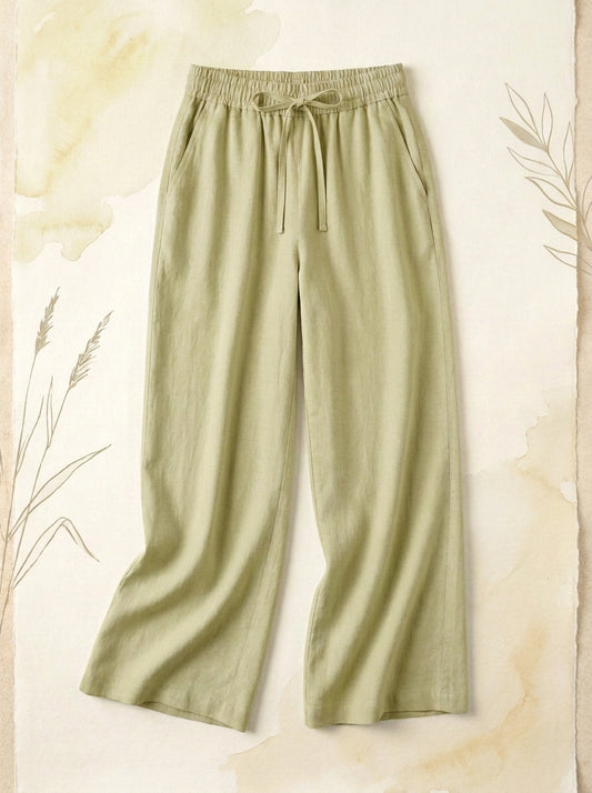 Linen-Feel Wide-Leg Drawstring Pants in Golden Mist