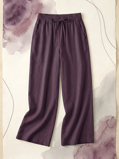 Linen-Feel Wide-Leg Drawstring Pants in Italian Plum, flat lay