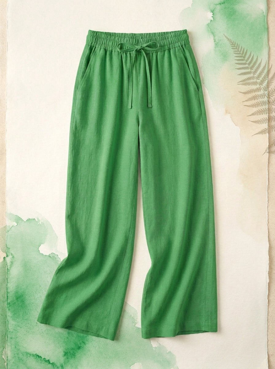 Linen-Feel Wide-Leg Drawstring Pants in Kelly Green, flat lay