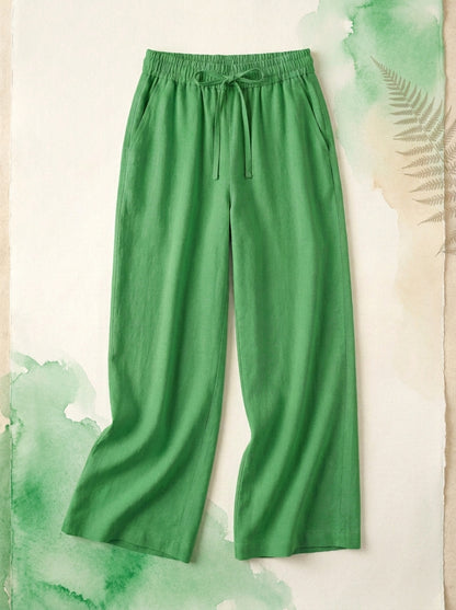 Linen-Feel Wide-Leg Drawstring Pants in Kelly Green, flat lay