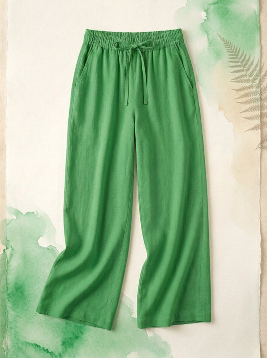 Linen-Feel Wide-Leg Drawstring Pants in Kelly Green