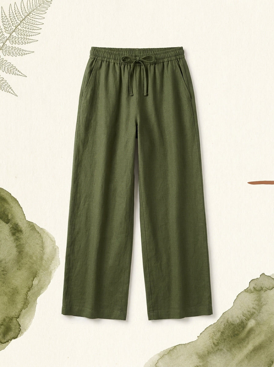 Linen-Feel Wide-Leg Drawstring Pants in Loden Green, flat lay