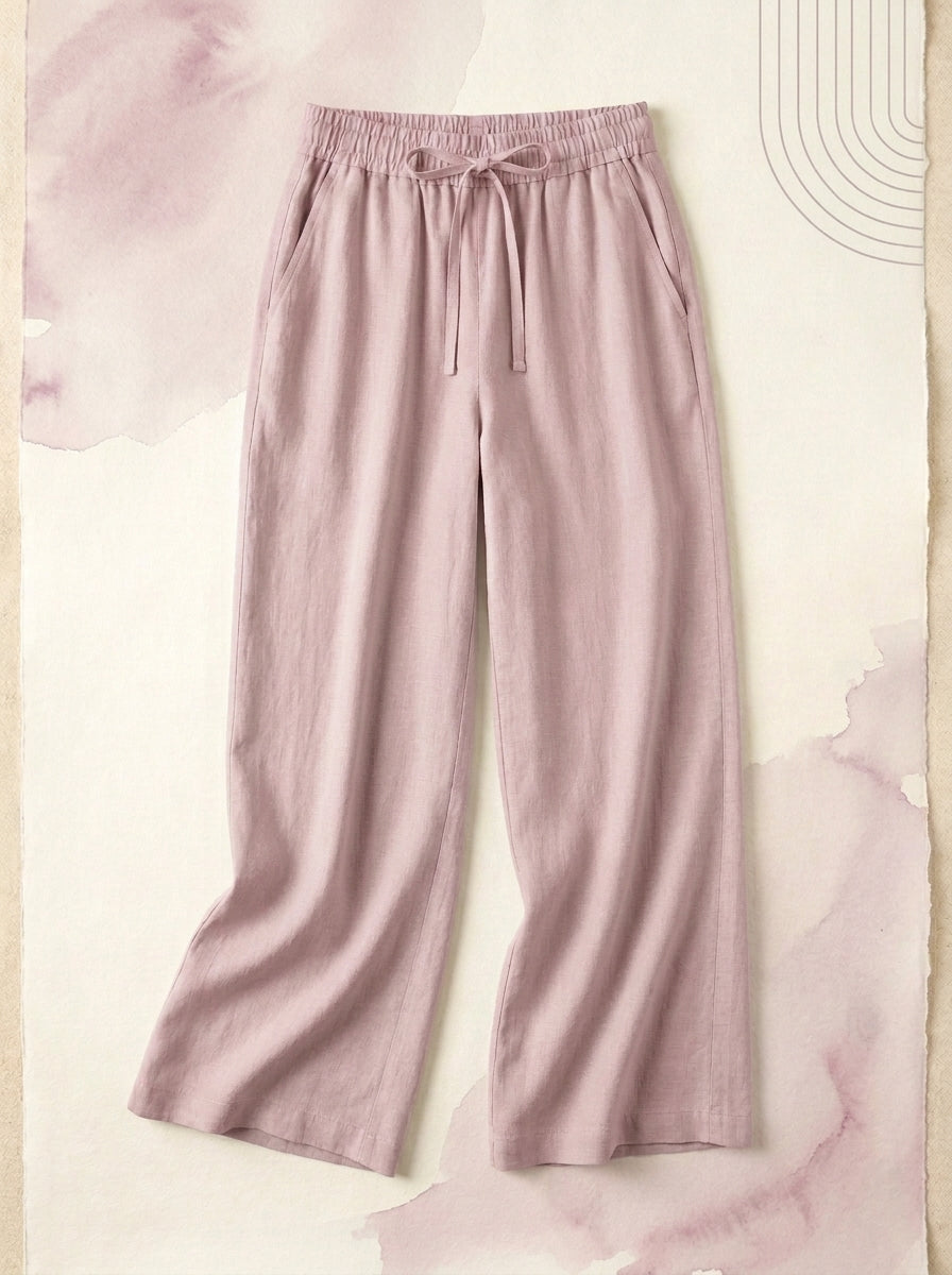 Linen-Feel Wide-Leg Drawstring Pants in Mauveglow, flat lay