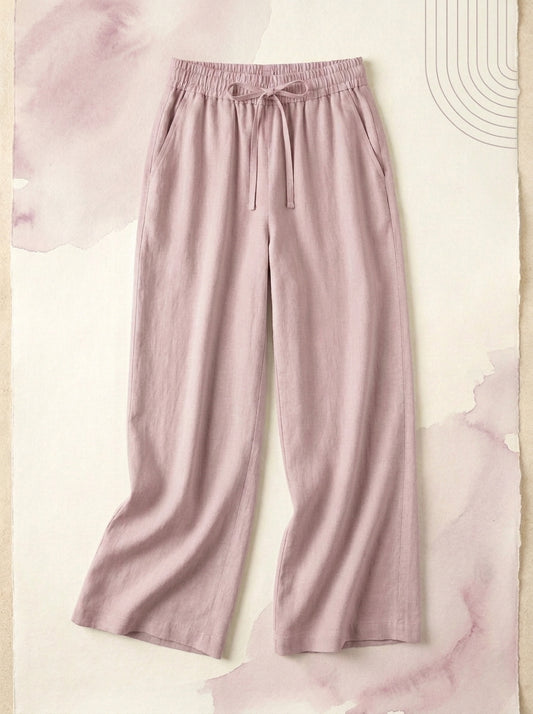 Linen-Feel Wide-Leg Drawstring Pants in Mauveglow